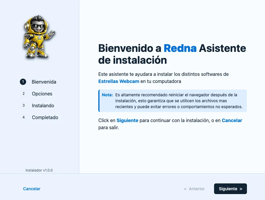 Pantalla de bienvenida del Redna Installer