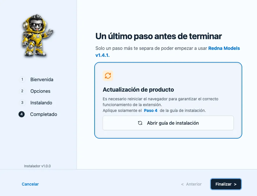Pantalla de completado para actualización de extensión