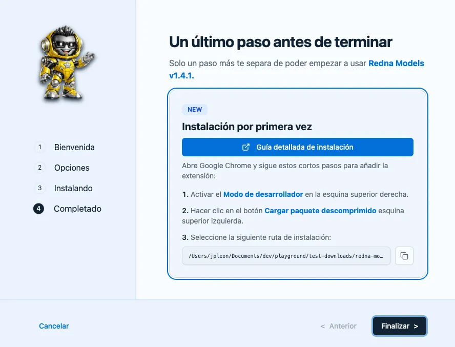 Pantalla de completado para instalación nueva