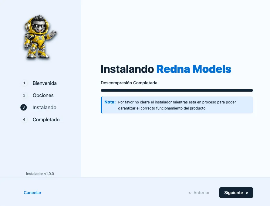 Pantalla de progreso de instalación