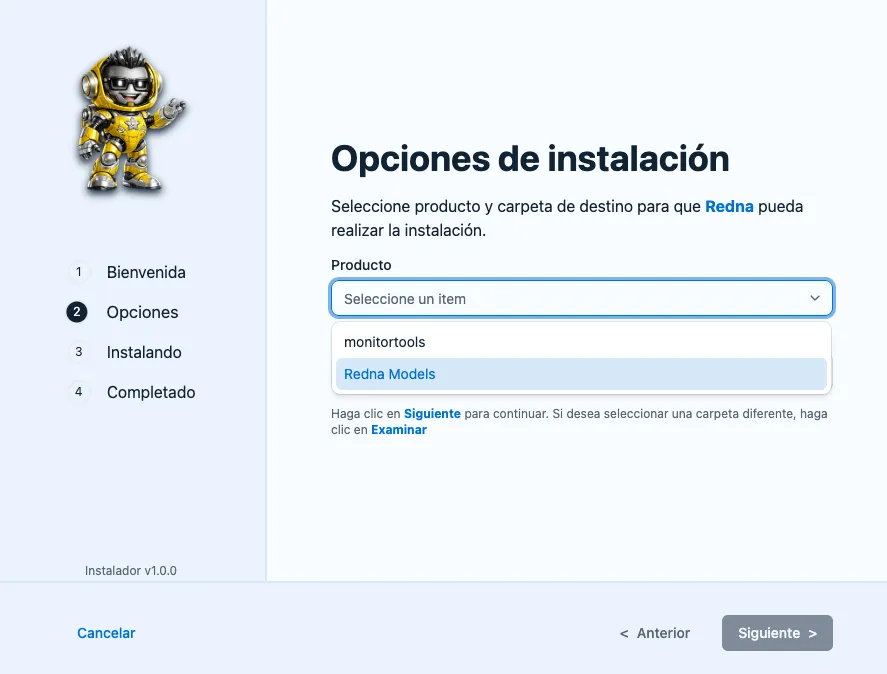 Listado de productos disponibles en el instalador