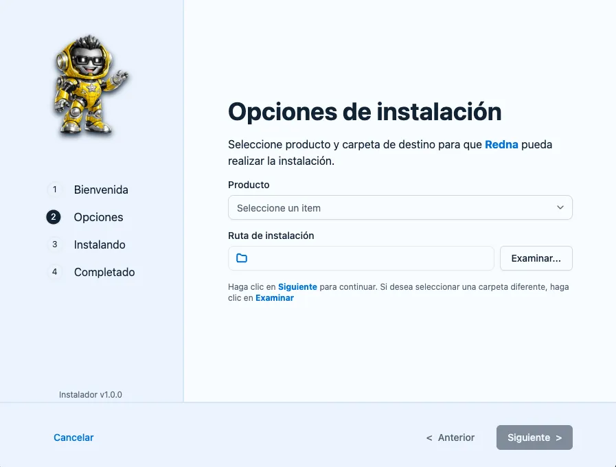 Pantalla de opciones de instalación