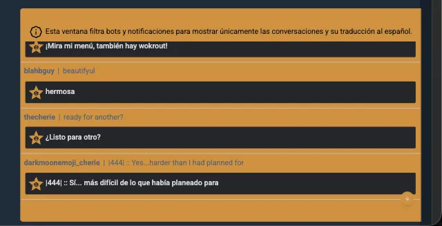 Panel Chat Limpio en CamSoda con mensajes y traducciones