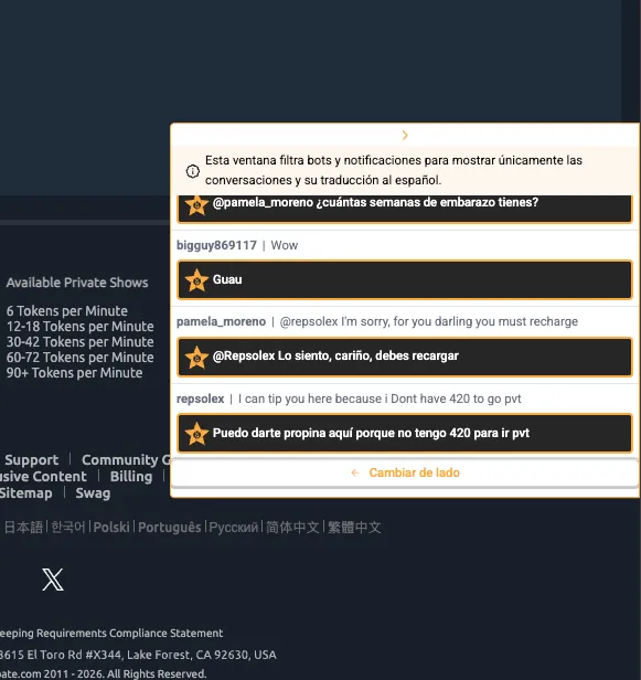 Panel Chat Limpio con mensajes reales y traducciones