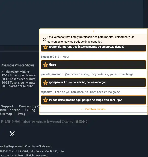 Panel de chat de Redna Models traduciendo mensajes en tiempo real