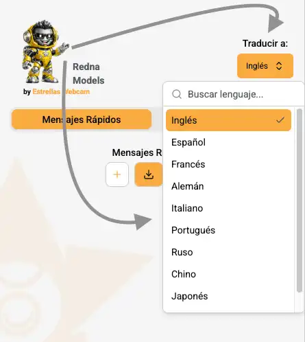 Selector de idioma y lista de mensajes rápidos de Redna Models