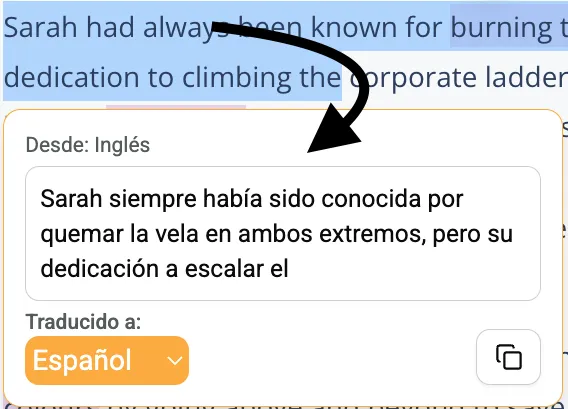 Tooltip con traducción, selector de idioma y botón copiar